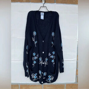 Laura Ashley Navy Blue Cardigan Sweater White Blue Embroidered Flowers Pockets L